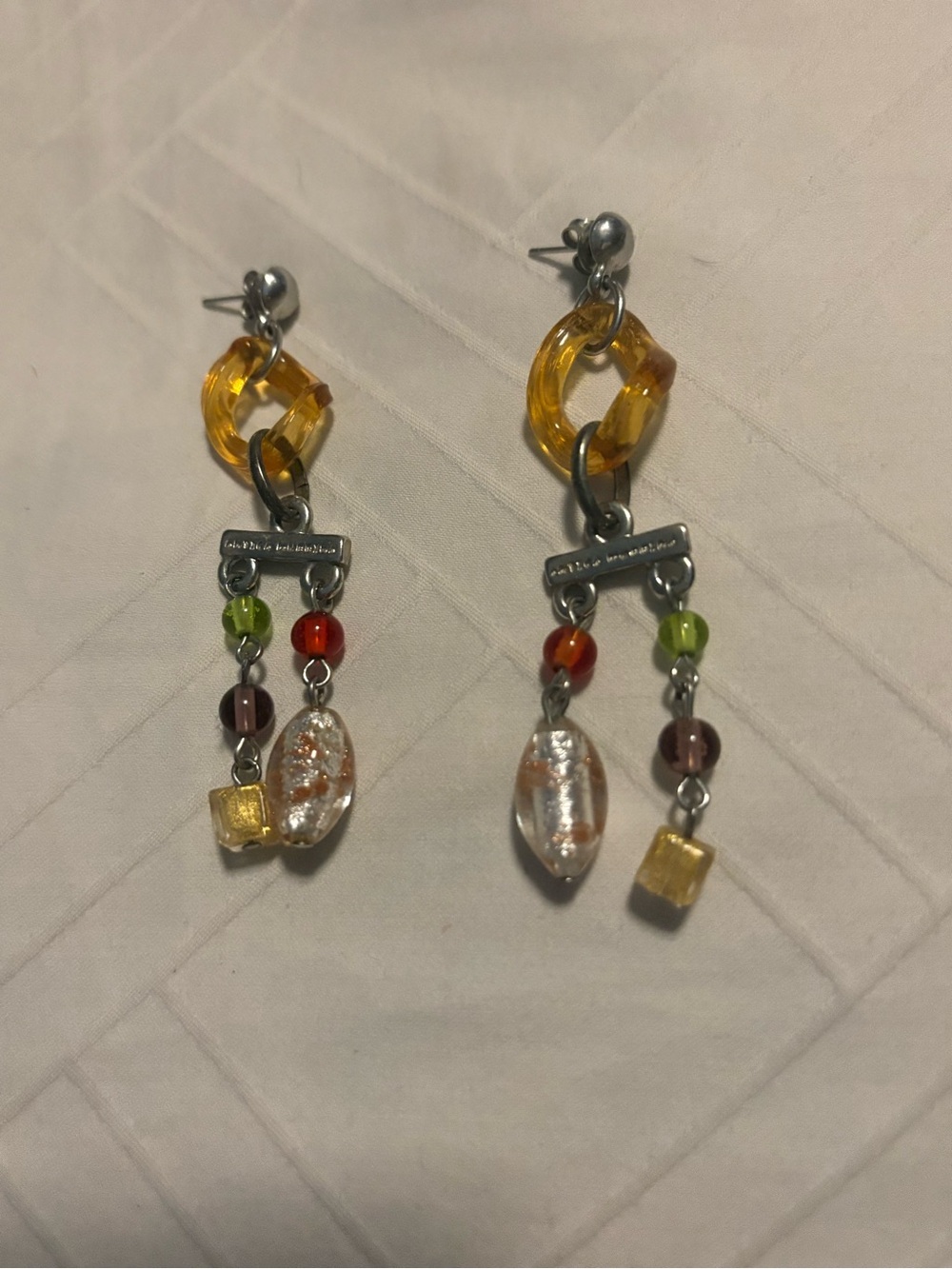 Multi-Color Glass Bead Drop Earrings with Amber Link